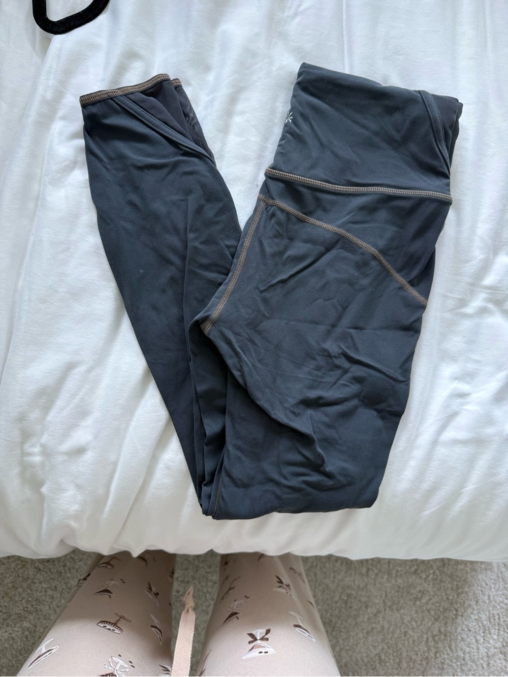 Athleta Black Leggings with Contrast Tan Stitching